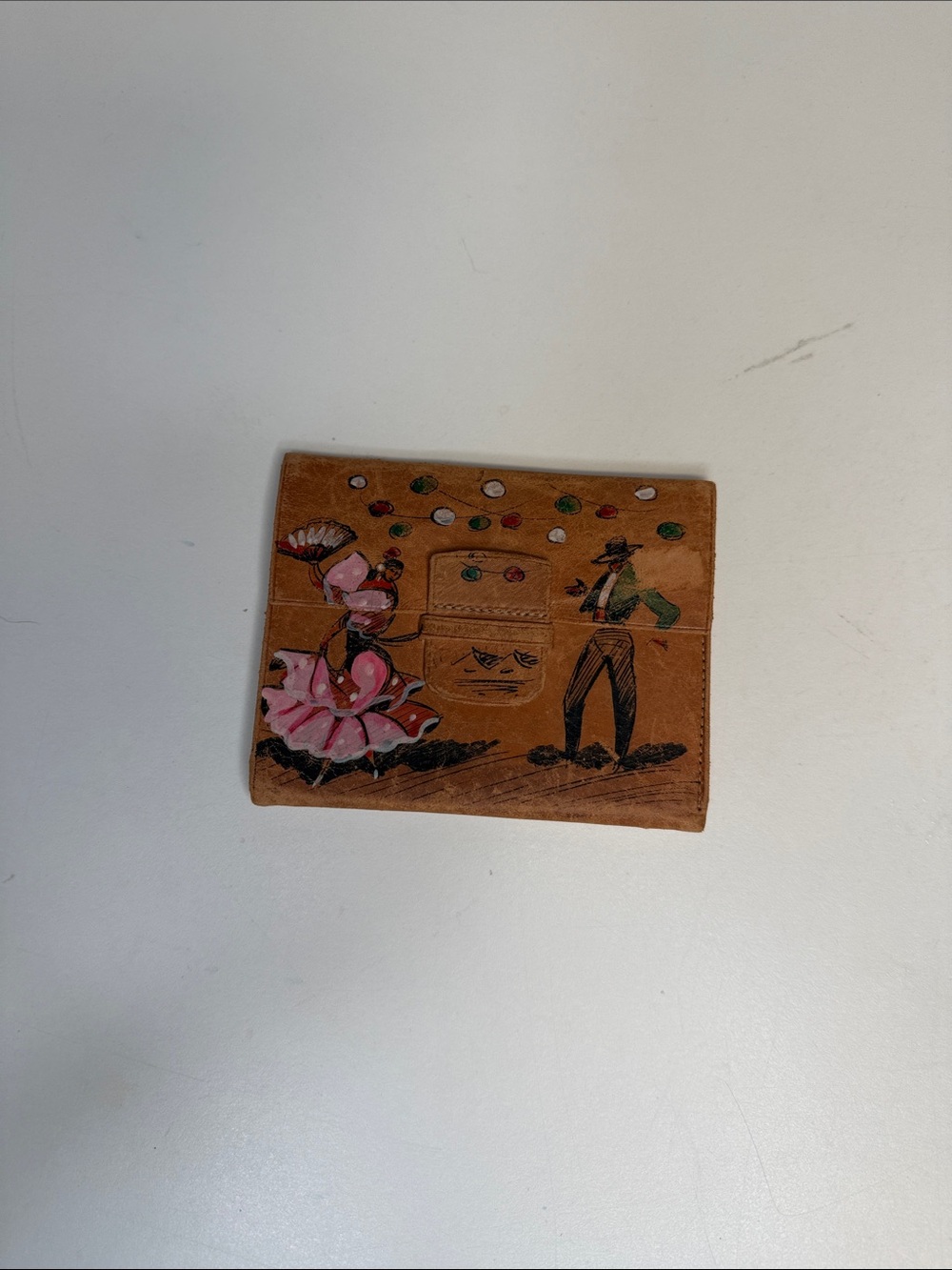 Hand-Painted Brown Leather Card Holder with Flamenco Scene
